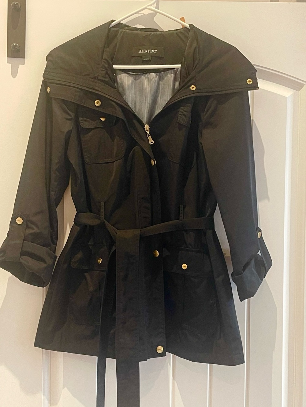 Ellen Tracy Black Belted Trench with Gold Hardware